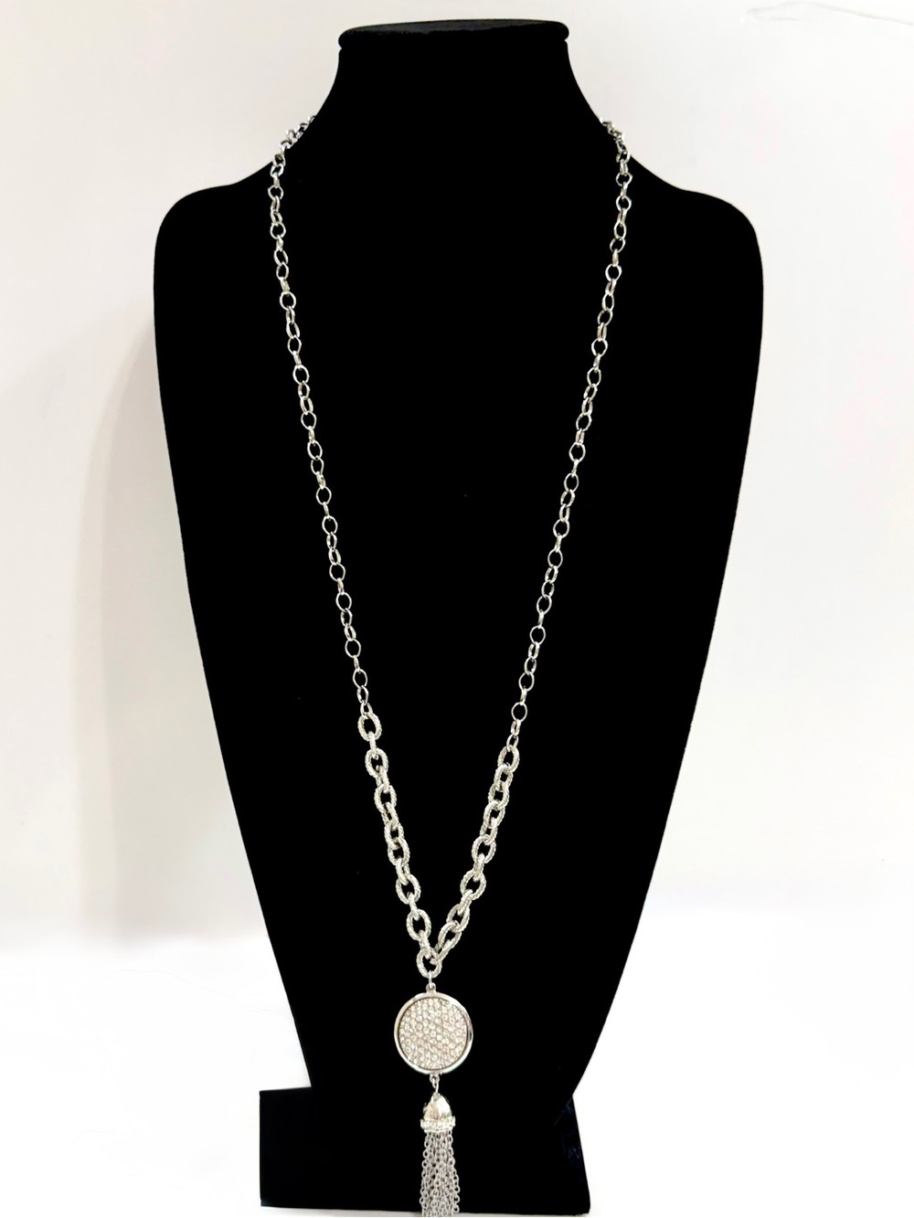 Chico’s Pavé Crystal Tassel Pendant Long Necklace NWOT